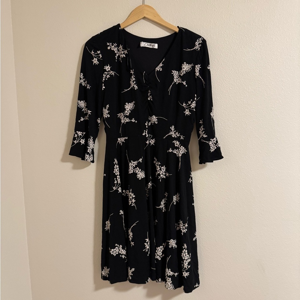 Chetta B Black and White Floral Long Sleeve Dress